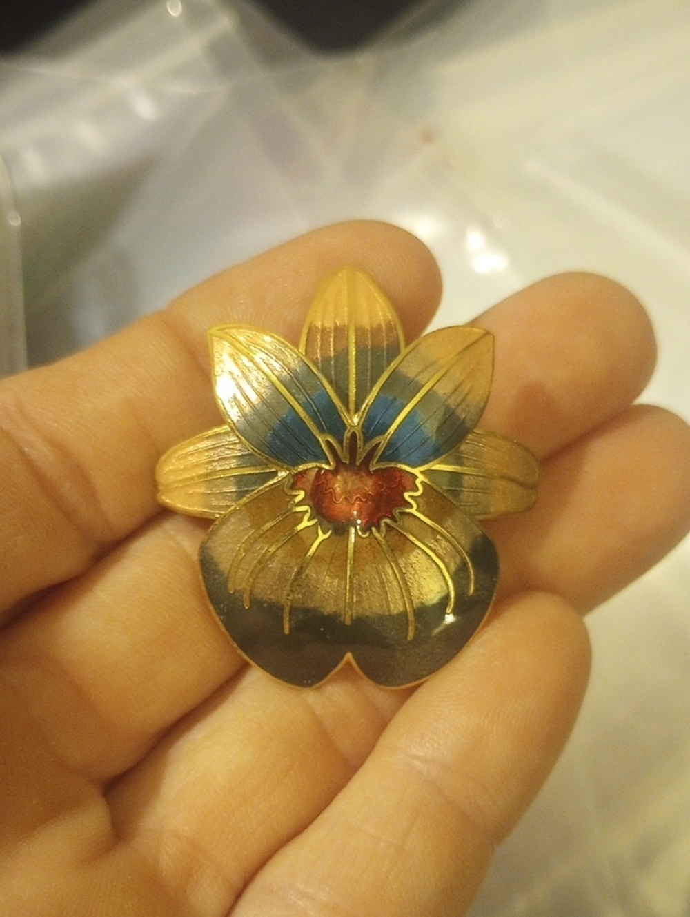 Gold-Tone Floral Cloisonne Brooch with Blue and Red Accents